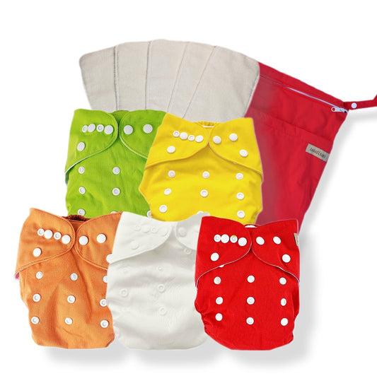 Lot de 5 couches lavables pour bébé Janafébaby arc-en-ciel avec sac rouge