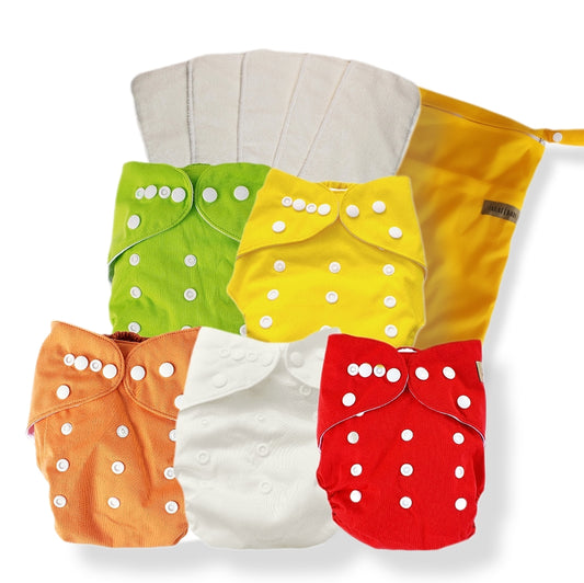 Lot de 5 couches lavables pour bébé Janafébaby arc-en-ciel avec sac jaune